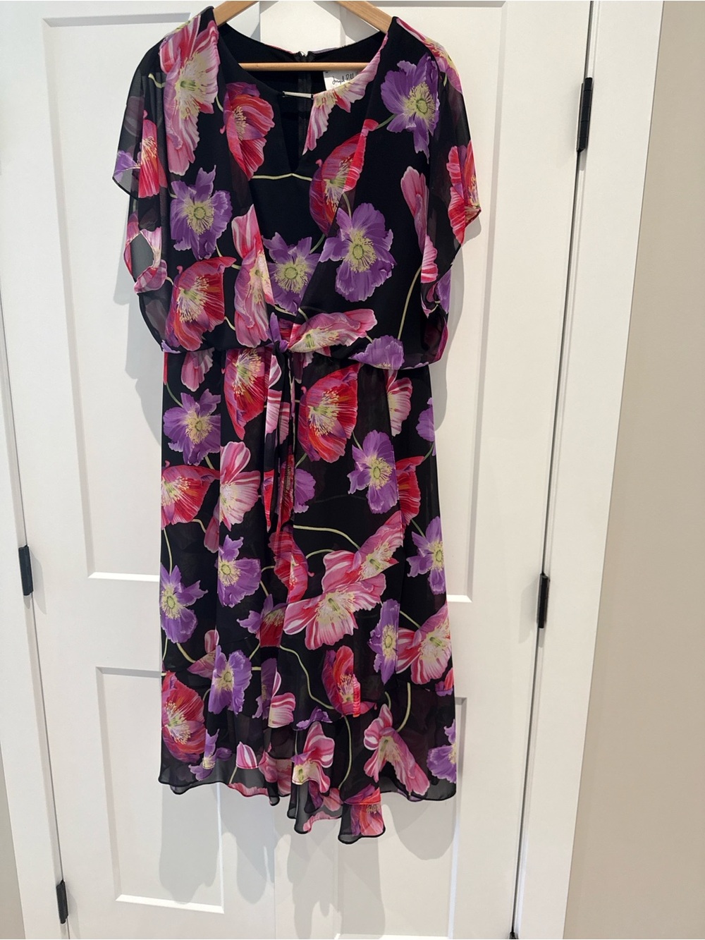 Joseph Ribkoff Floral Chiffon Overlay Midi Dress Size 14 Made in Canada